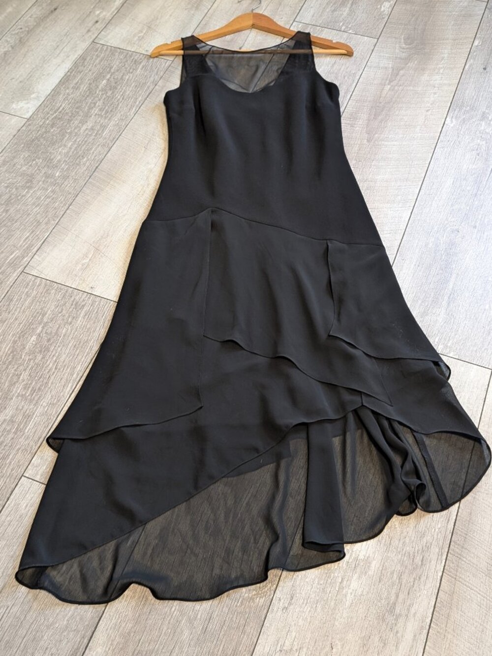 Vintage 90s Black Chiffon Asymmetrical Ruffle Hem Midi Dress 8 Romantic EUC 🖤 - Picture 9 of 15